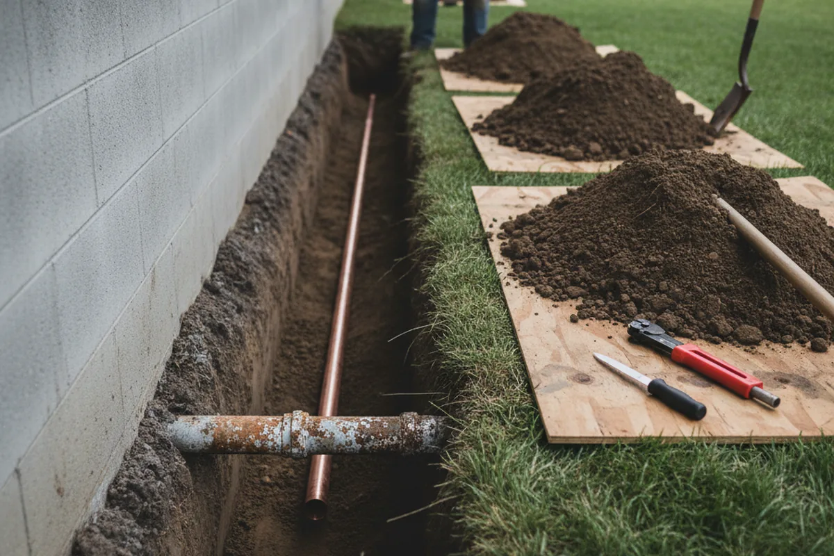 Excavated water line trench during Water Softener Installation in Pomfret